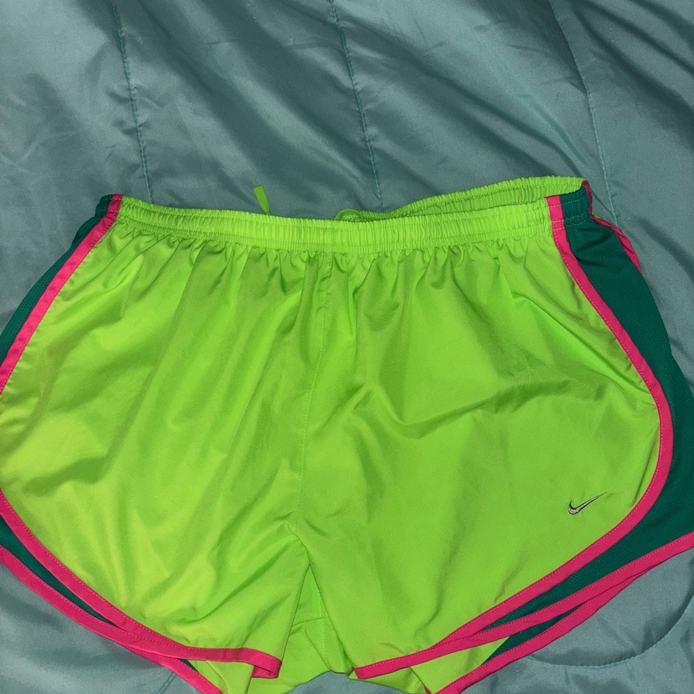 Nike Women's Bright Green Athletic Shorts with Pink Trim